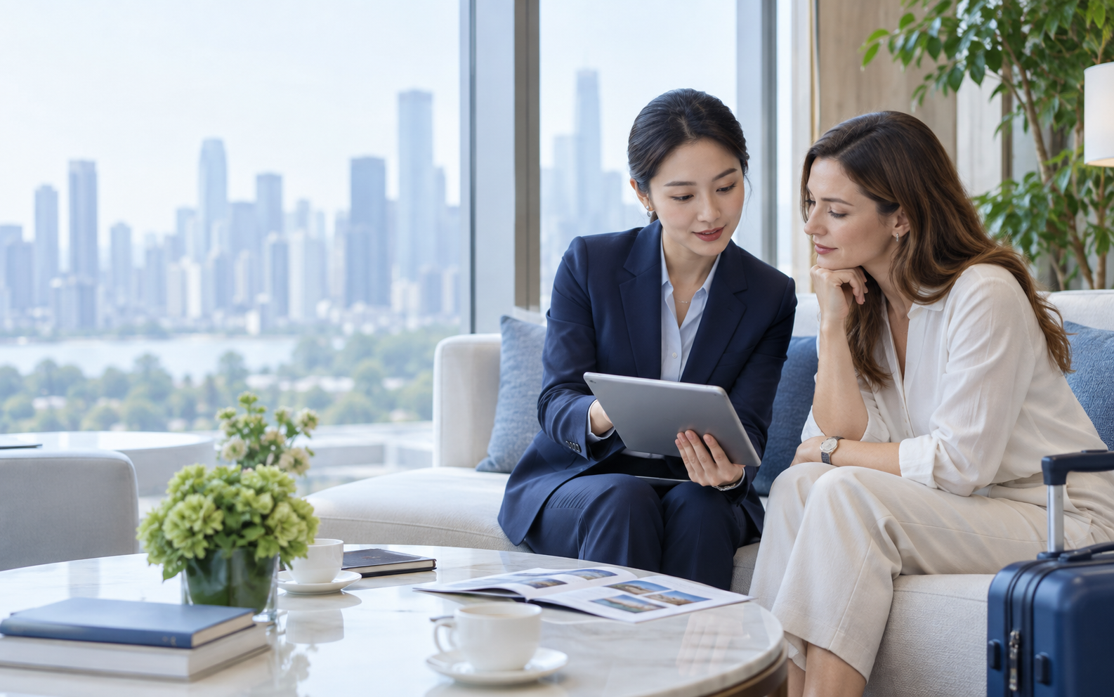Illustration of a coordinator helping an international client plan her healthcare journey